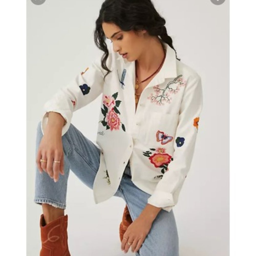 NWT-Anthropologie-Pilcro Embroidered Classic Buttondown-XL